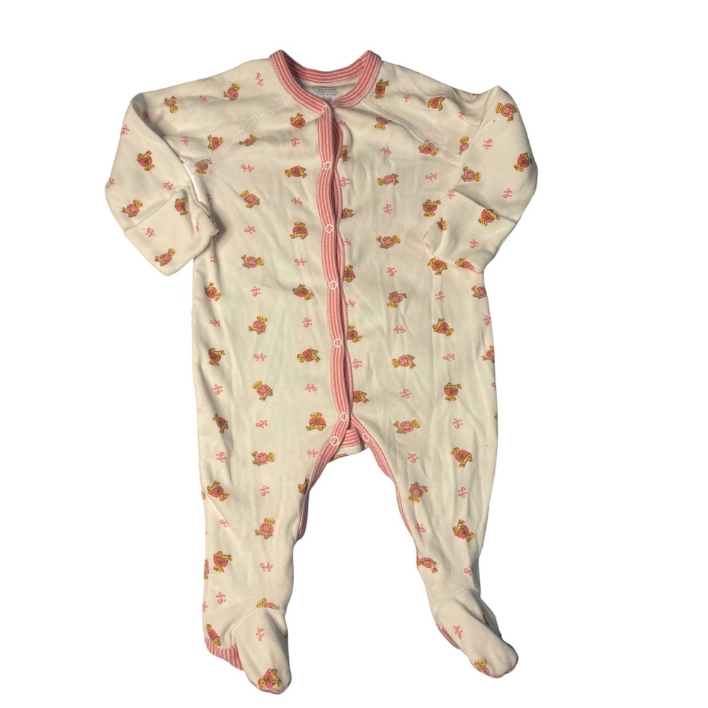 Ralph Lauren Baby Girls Teddy Bear Footed Sleeper Pink White 6M Snaps Pajamas
